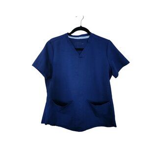 Fabletics Womens Navy Blue V-Neck Short Sleeve Scrub Top With Front Pockets Size